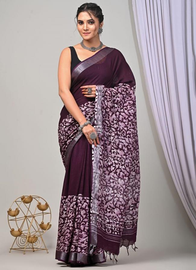 Pure Linen Cotton Wine Casual Wear Pure Hand Work Saree